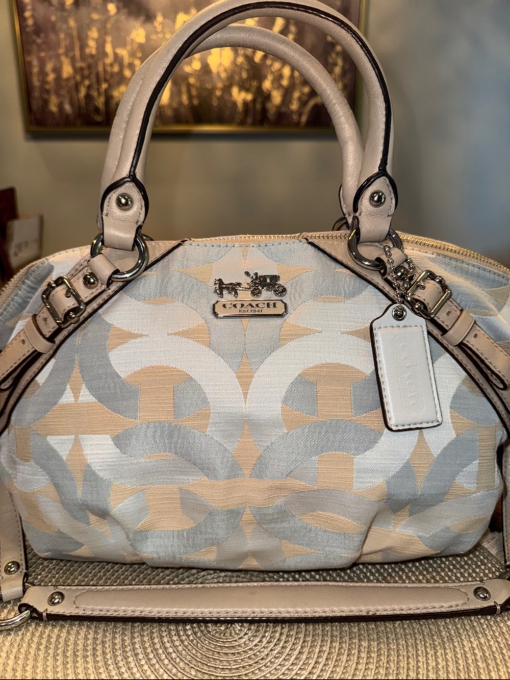 Coach Sophia Dome Satchel in Beige & Light Blue Jacquard